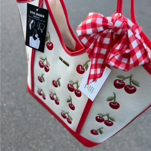 Steve Madden Cherry Red Gingham Scarf Bow Cream denim Tote Bag satchel Purse - Picture 8 of 9